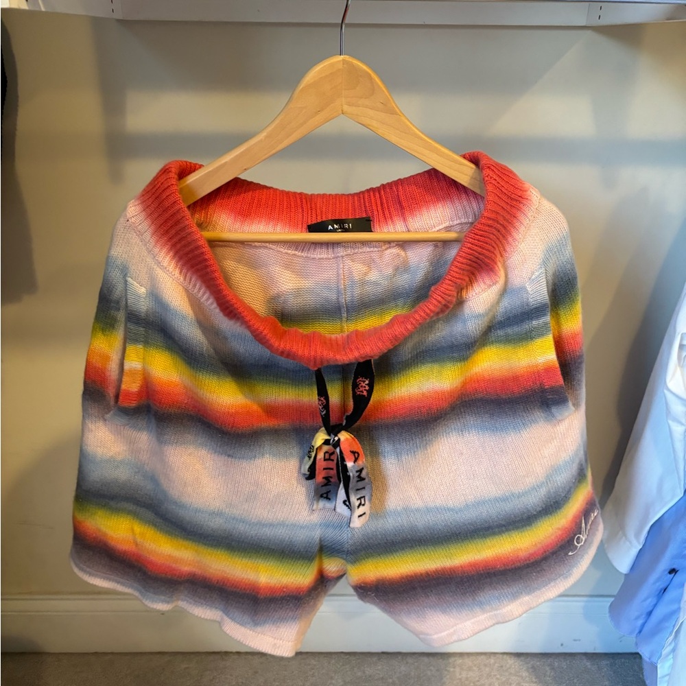 Amiri Rainbow-Striped Cashmere Logo Drawstring Shorts